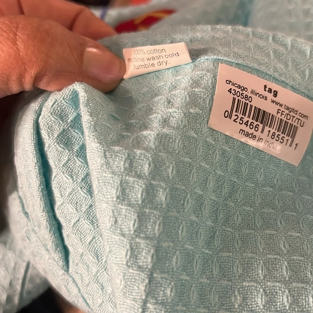 NWT Set of 4 Tag Ltd Aqua Cotton Waffle Dish Towels w Embroidered Flip Flops
